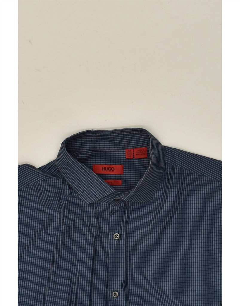 HUGO BOSS Mens Slim Fit Shirt Size 15 40 Medium Navy Blue Check Cotton | Vintage Hugo Boss | Thrift | Second-Hand Hugo Boss | Used Clothing | Messina Hembry 