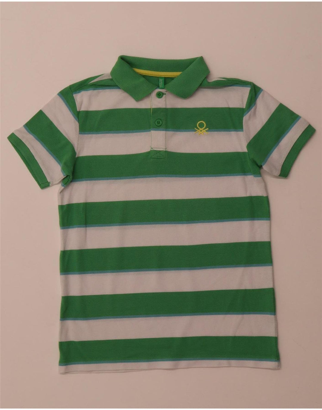 BENETTON Boys Polo Shirt 10-11 Years XL Green Striped Polyester
