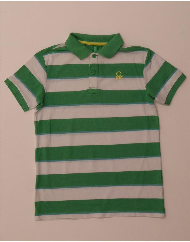 BENETTON Boys Polo Shirt 10-11 Years XL Green Striped Polyester