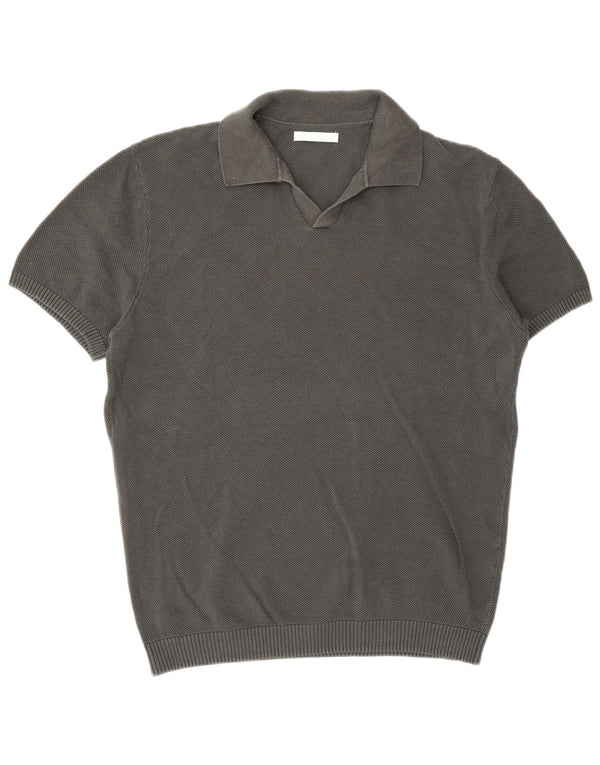 Zara Mens Short Sleeve Polo Neck Jumper Sweater Medium Grey Cotton