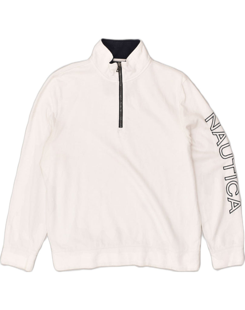 NAUTICA Mens Graphic Zip Neck Sweatshirt Jumper Medium White Cotton | Vintage Nautica | Thrift | Second-Hand Nautica | Used Clothing | Messina Hembry 