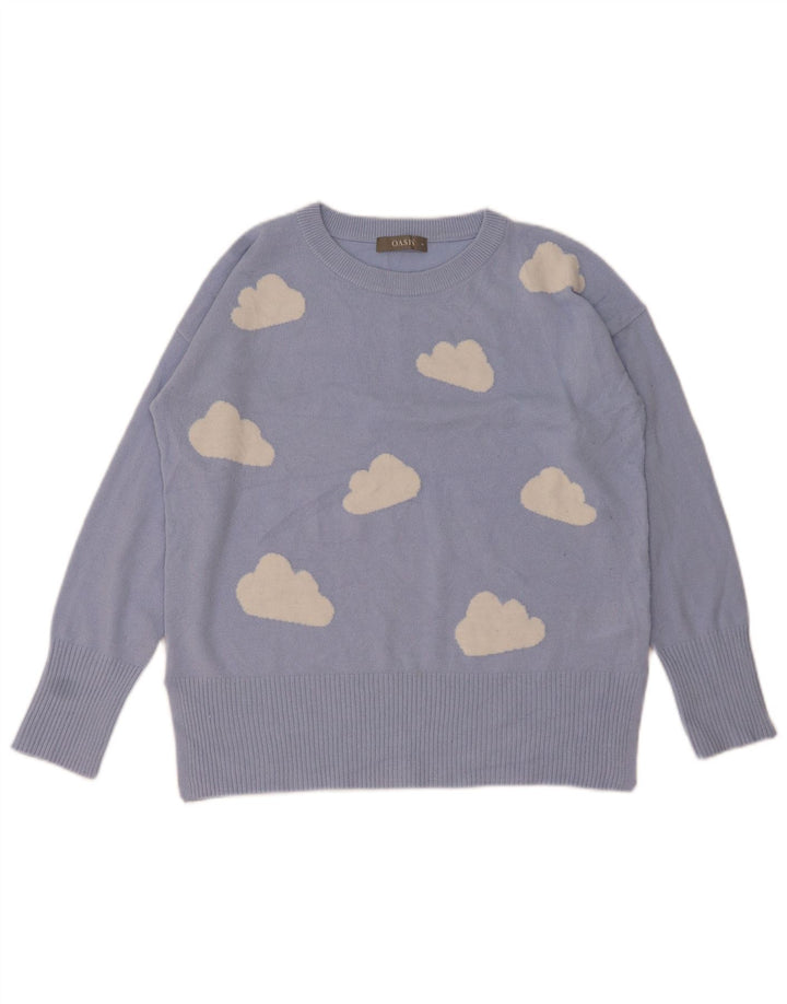 Oasis Womens Abstract Pattern Crew Neck Jumper Sweater UK 14 Medium Blue