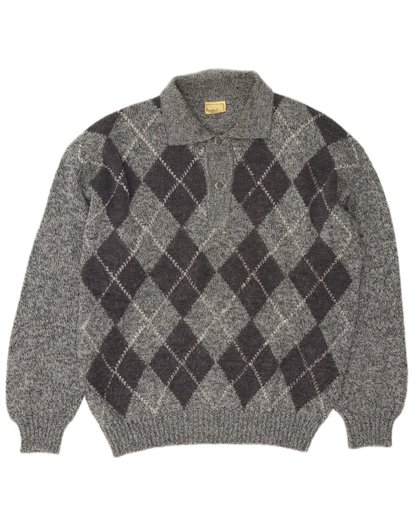 Rodes Mens Polo Neck Jumper Sweater Large Grey Argyle/Diamond Acrylic