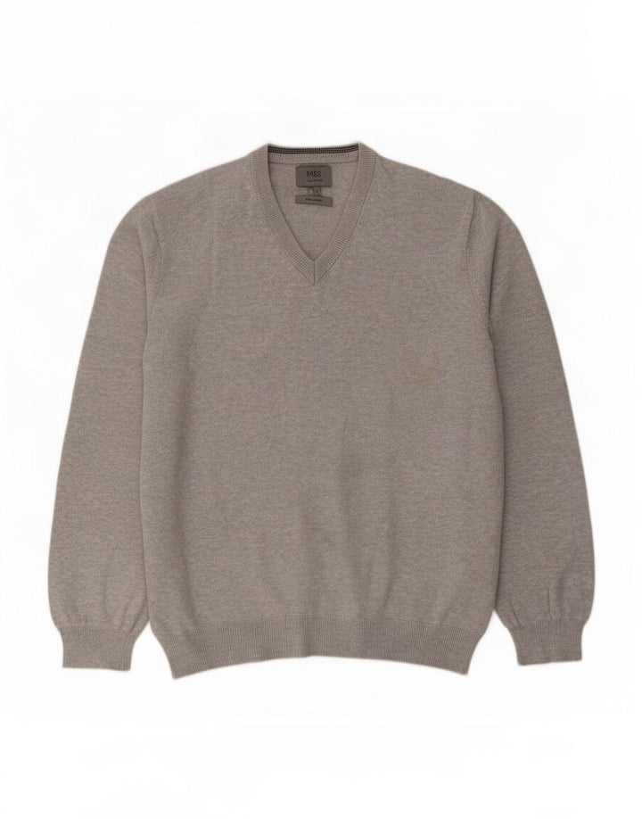 Marks & Spencer Mens V-Neck Jumper Sweater Large Grey Flecked Cotton