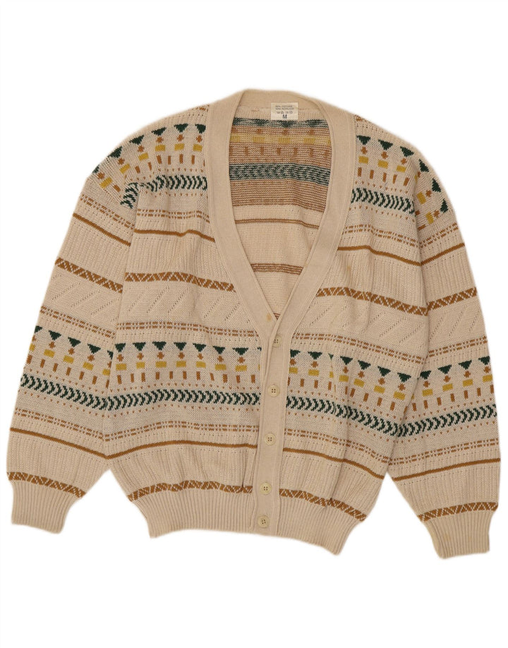 VINTAGE Mens Cardigan Sweater Medium Beige Fair Isle Cotton