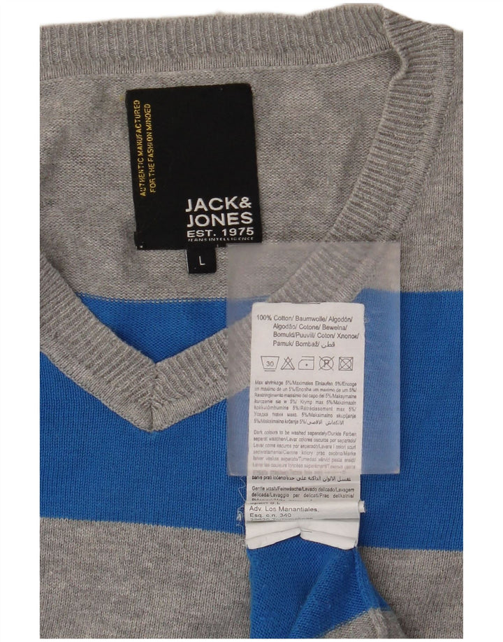 Jack & Jones Mens V-Neck Jumper Sweater Large Grey Striped Cotton