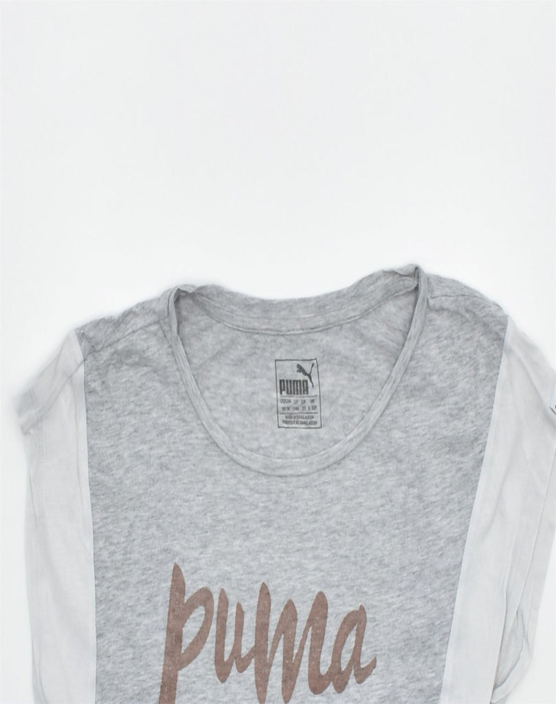 PUMA Girls Graphic T-Shirt Top 9-10 Years Grey Colourblock Cotton | Vintage | Thrift | Second-Hand | Used Clothing | Messina Hembry 