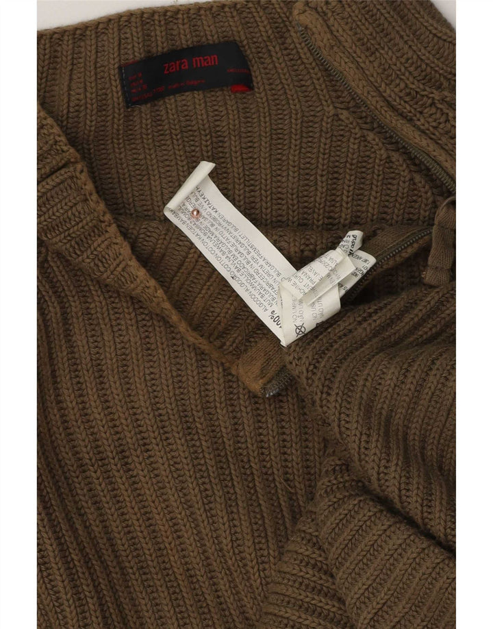 Zara Mens Zip Neck Jumper Sweater Medium Khaki Cotton