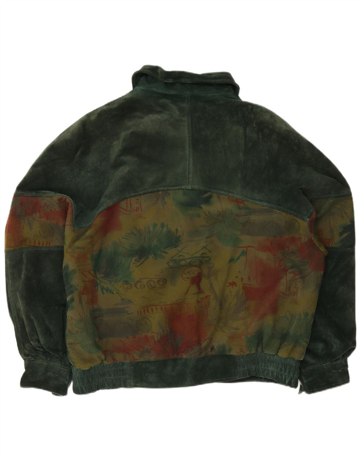 Vintage Mens Abstract Pattern Suede Bomber Jacket IT 50 Large Green Leather
