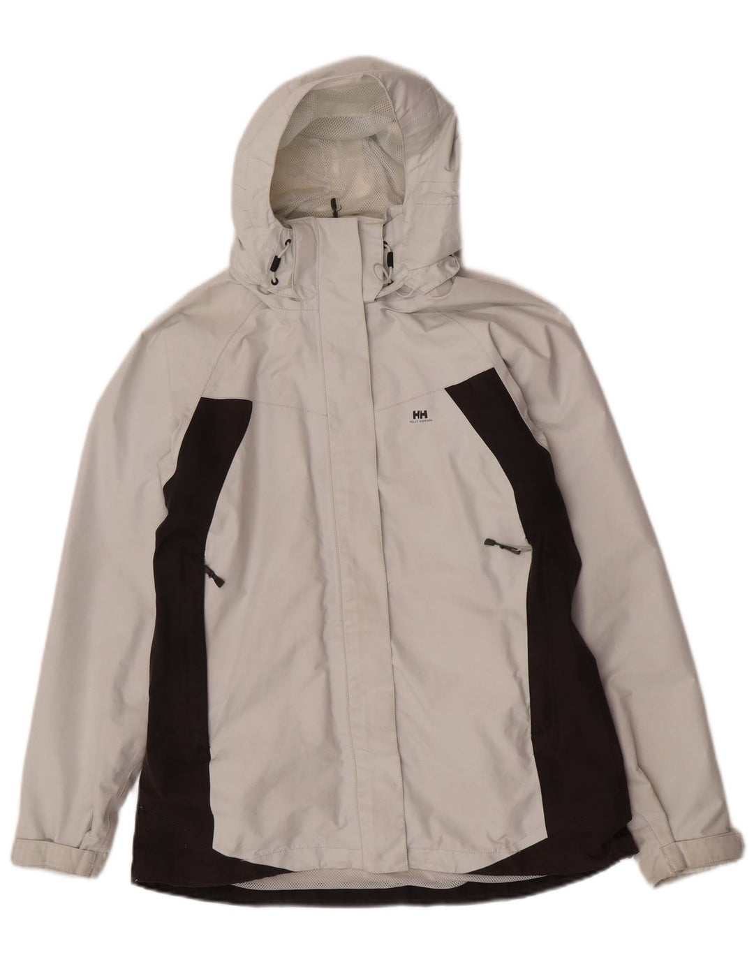 Helly Hansen Womens Hooded Rain Jacket UK 14 Medium Off White Colourblock