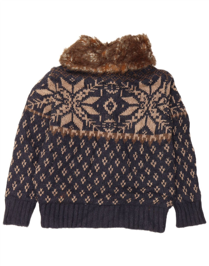 Zara Mens Cardigan Sweater Medium Navy Blue Fair Isle Acrylic