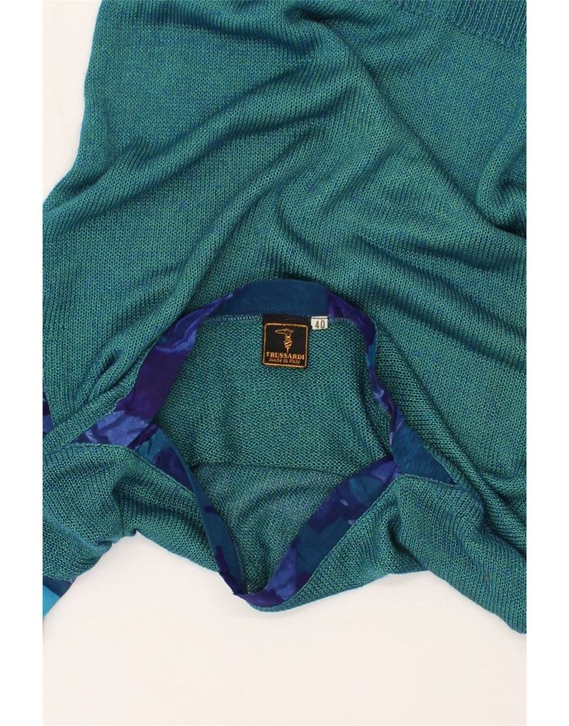 TRUSSARDI Womens Short Sleeve Boat Neck Jumper Sweater IT 40 Small Green | Vintage Trussardi | Thrift | Second-Hand Trussardi | Used Clothing | Messina Hembry 