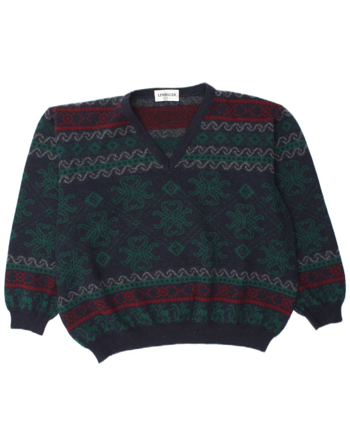 LEWINGER Womens V-Neck Jumper Sweater UK 20 2XL Navy Blue Fair Isle