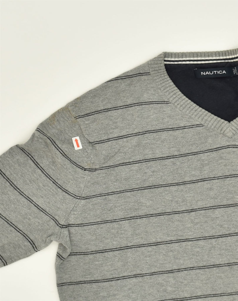 NAUTICA Mens V-Neck Jumper Sweater Small Grey Striped Cotton | Vintage Nautica | Thrift | Second-Hand Nautica | Used Clothing | Messina Hembry 