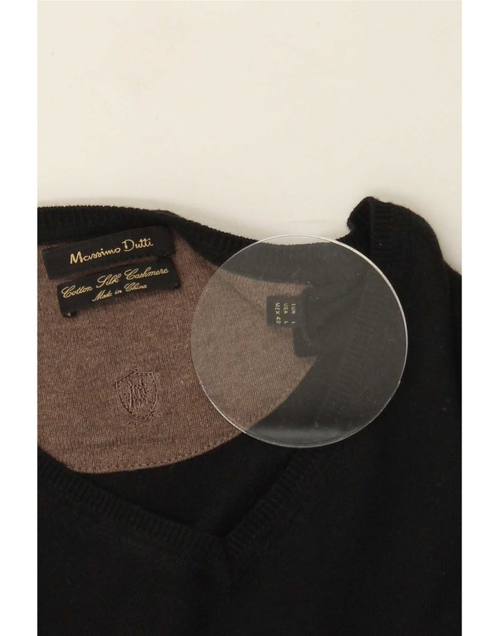 Massimo Dutti Mens V-Neck Jumper Sweater Large Black Cotton