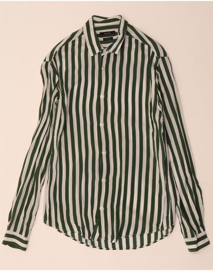 ZARA Mens Slim Fit Shirt Small Green Striped Viscose