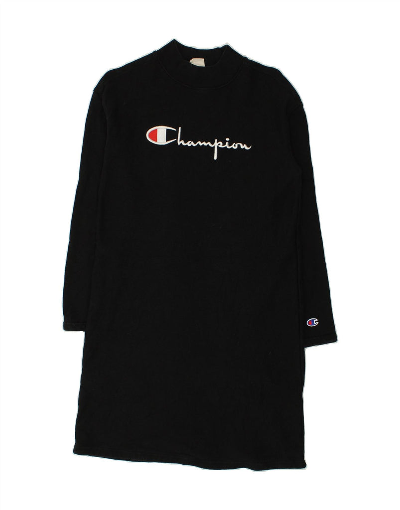 CHAMPION Womens Long Sleeve Graphic Jumper Dress UK 4 XS Black Cotton | Vintage Champion | Thrift | Second-Hand Champion | Used Clothing | Messina Hembry 