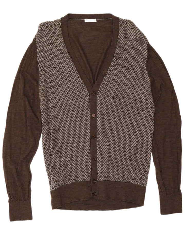 Gran Sasso Mens Cardigan Sweater IT 58 2XL Brown Geometric Wool