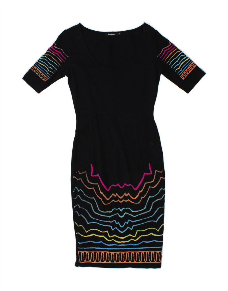 DESIGUAL Womens 1/2 Sleeve Bodycon Dress UK 10 Small Black Striped Cotton Vintage Desigual and Second-Hand Desigual from Messina Hembry 