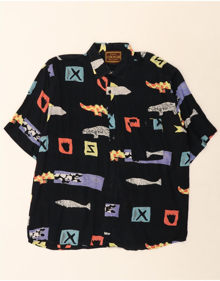 Cotton Club Mens Abstract Pattern Short Sleeve Shirt Large Black Viscose