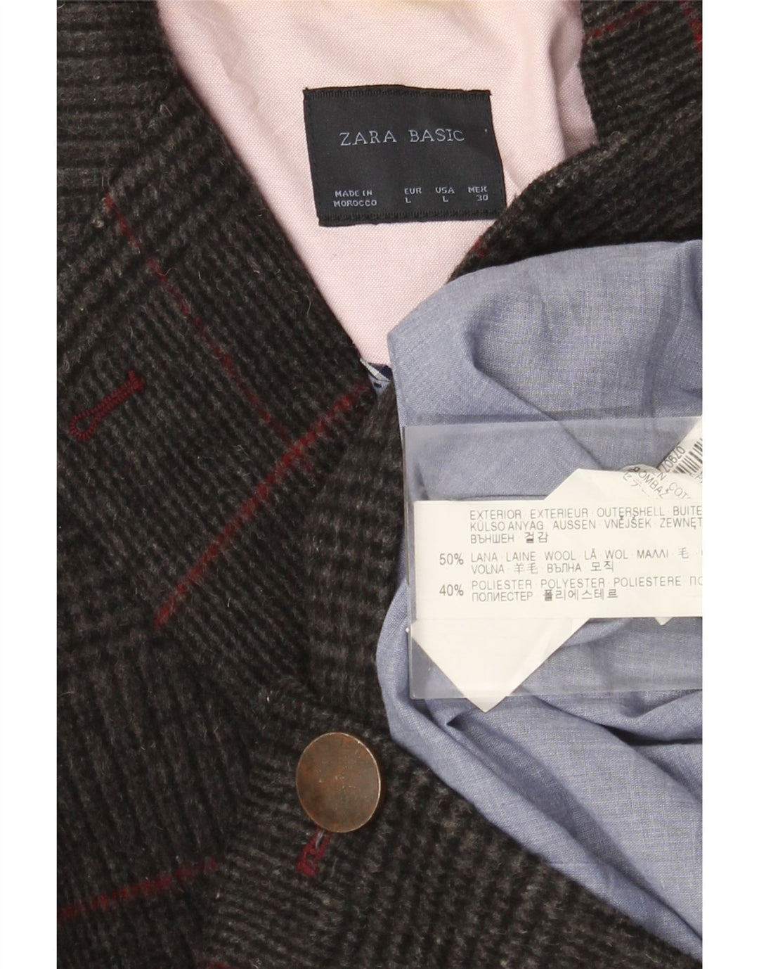 Zara Womens 1 Button Blazer Jacket UK 14 Large Grey Check Wool