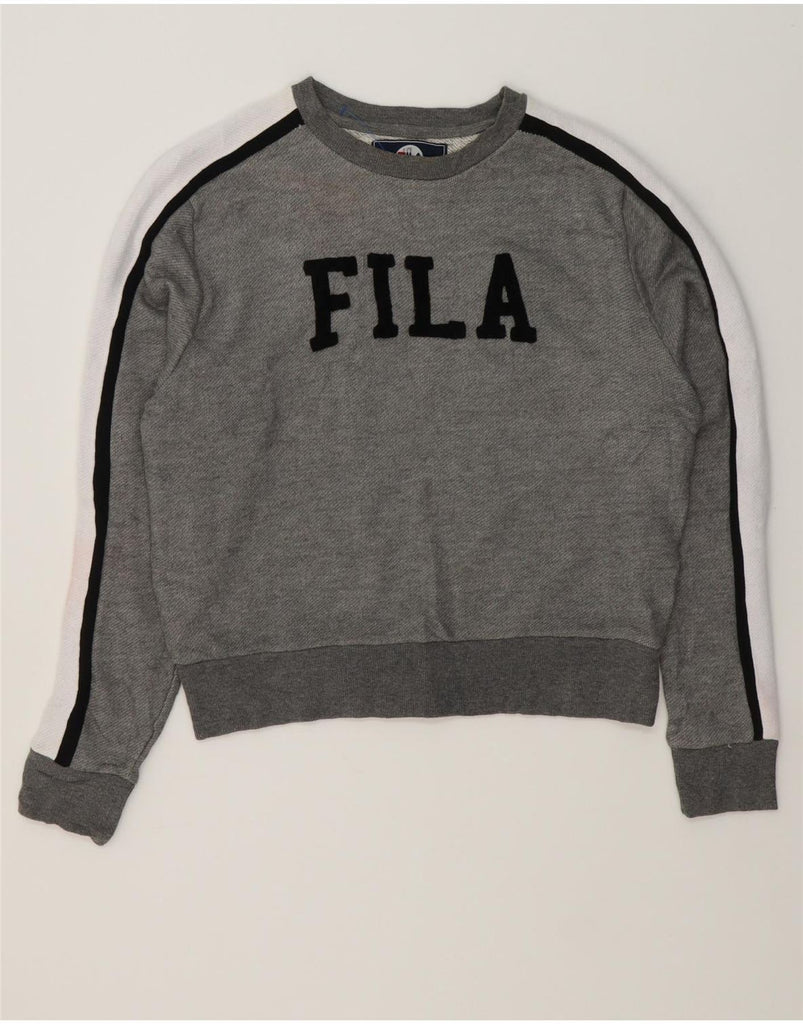 FILA Womens Crop Graphic Sweatshirt Jumper UK 14 Medium Grey Colourblock Vintage Fila and Second-Hand Fila from Messina Hembry 