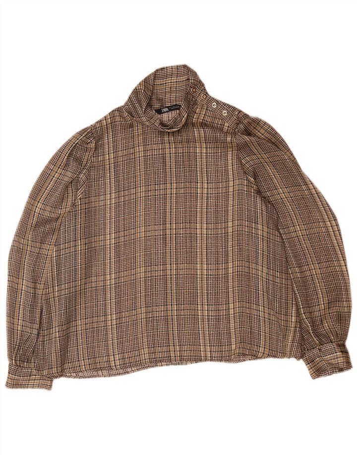 Zara Womens Pullover Long Sleeve Shirt Blouse UK 16 Large Brown Check