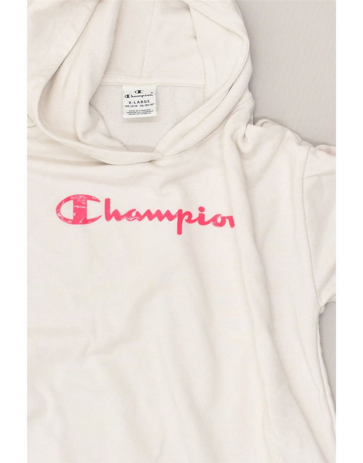 CHAMPION Girls Graphic Hoodie Jumper 13-14 Years XL  White Cotton | Vintage Champion | Thrift | Second-Hand Champion | Used Clothing | Messina Hembry 