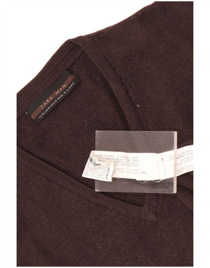 Zara Mens V-Neck Jumper Sweater XL Brown Wool