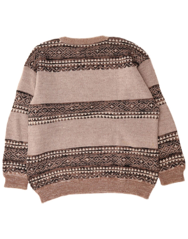 Vintage Mens Crew Neck Jumper Sweater XL Grey Fair Isle Acrylic
