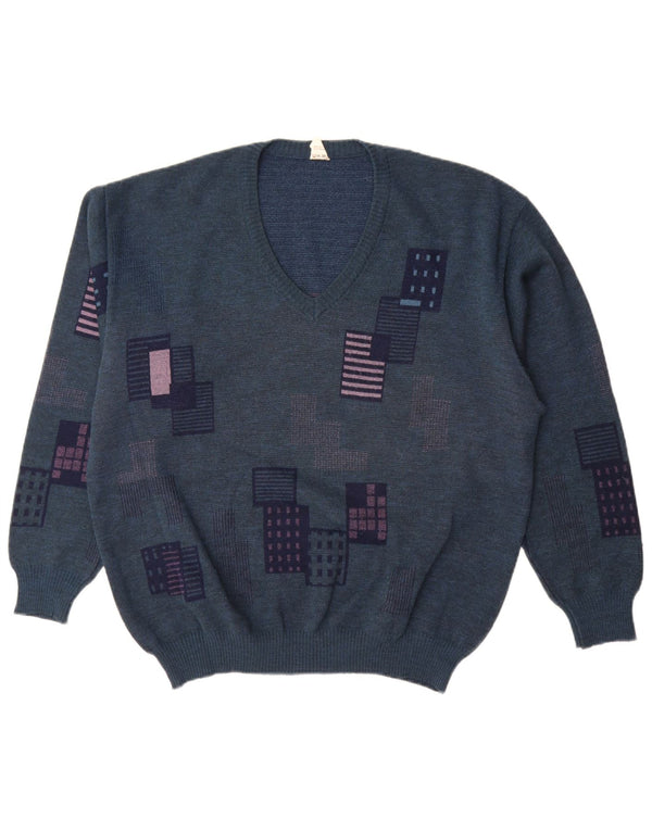 Vintage Mens V-Neck Jumper Sweater IT 52 Large Navy Blue Geometric
