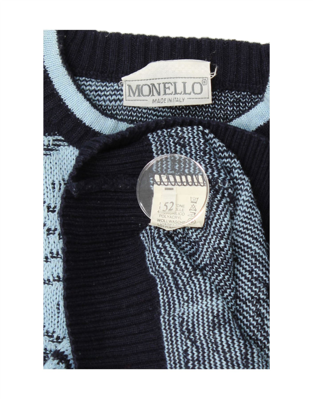 MONELLO Mens Crew Neck Jumper Sweater IT 52 Large Blue Fair Isle Cotton Vintage Monello and Second-Hand Monello from Messina Hembry 