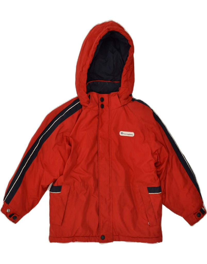 CHAMPION Boys Hooded Padded Jacket 5-6 Years XS Red Colourblock Polyester | Vintage Champion | Thrift | Second-Hand Champion | Used Clothing | Messina Hembry 