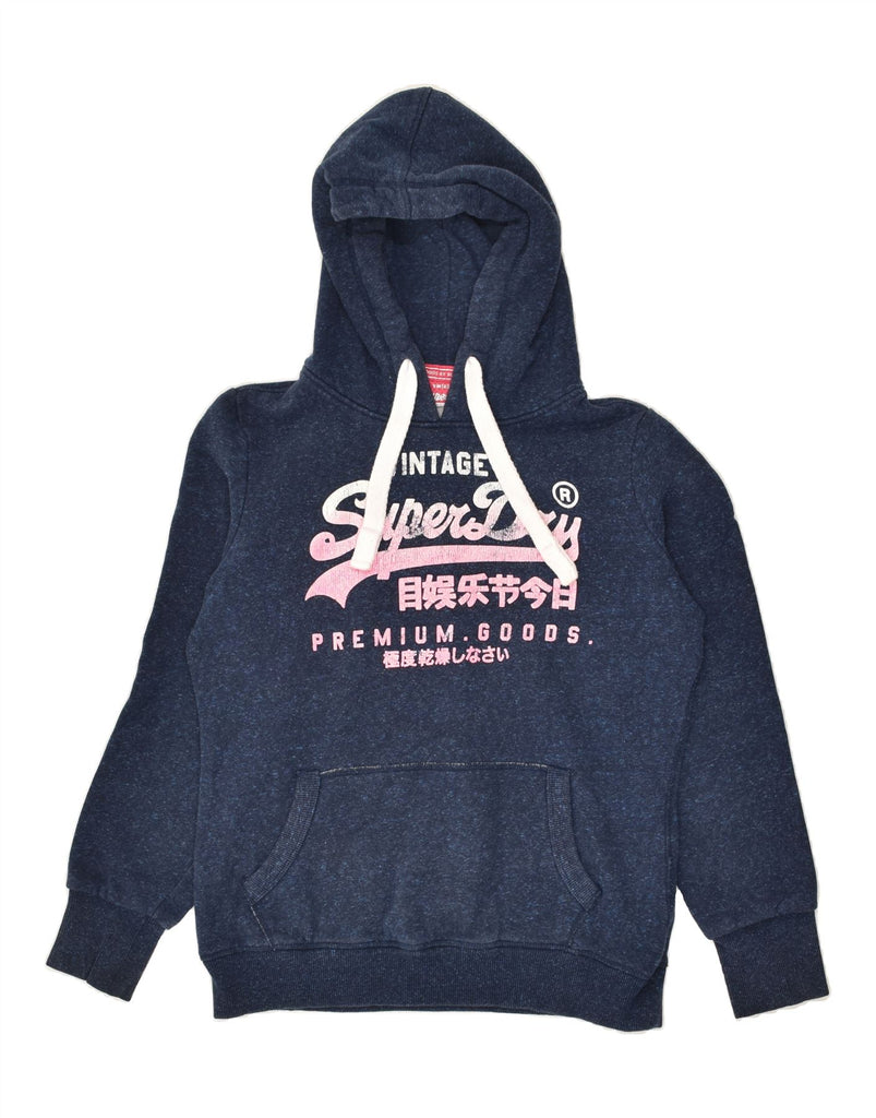 SUPERDRY Womens Graphic Hoodie Jumper UK 16 Large Navy Blue Flecked Cotton | Vintage Superdry | Thrift | Second-Hand Superdry | Used Clothing | Messina Hembry 