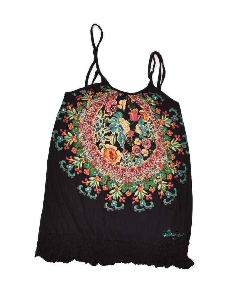 DESIGUAL Womens Graphic Cami Top UK 14 Large Black Floral Viscose | Vintage Desigual | Thrift | Second-Hand Desigual | Used Clothing | Messina Hembry 