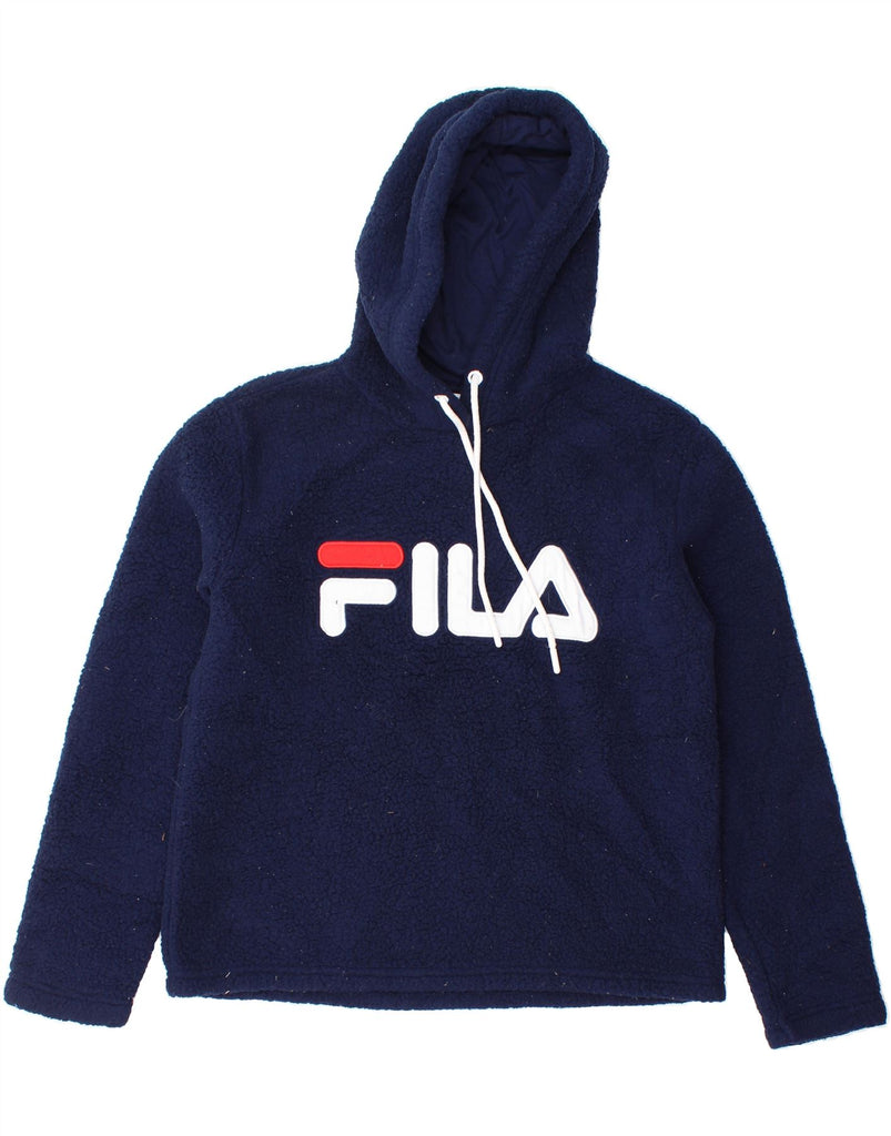 FILA Womens Graphic Hooded Fleece Jumper UK 14 Medium Navy Blue Polyester Vintage Fila and Second-Hand Fila from Messina Hembry 