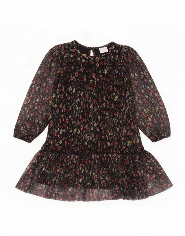 Zara Girls Long Sleeve Tiered Dress 6-7 Years Black Floral Polyester
