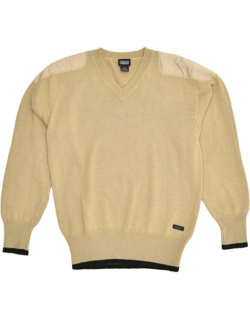 AIGLE Mens V-Neck Jumper Sweater Medium Beige Acrylic | Vintage Aigle | Thrift | Second-Hand Aigle | Used Clothing | Messina Hembry 