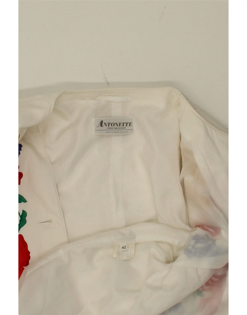ANTONETTE Womens 4 Button Blazer Jacket IT 42 Medium White Floral Vintage Antonette and Second-Hand Antonette from Messina Hembry 