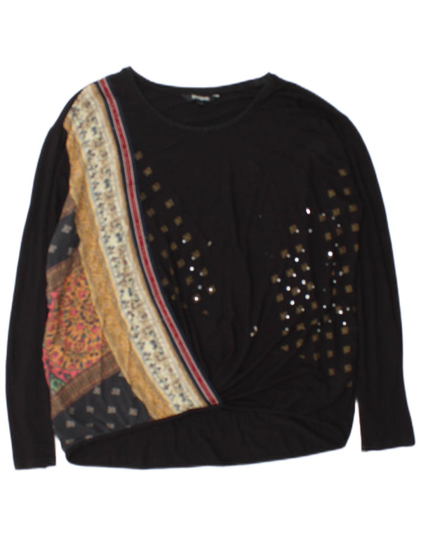 Desigual Womens Top Long Sleeve UK 14 Medium Black Floral Viscose