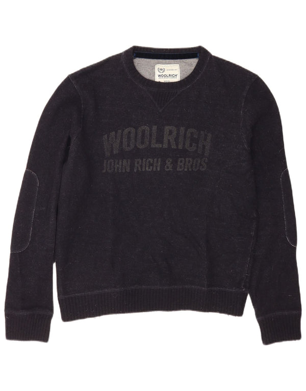 Woolrich Mens Graphic Boat Neck Jumper Sweater Medium Navy Blue Wool