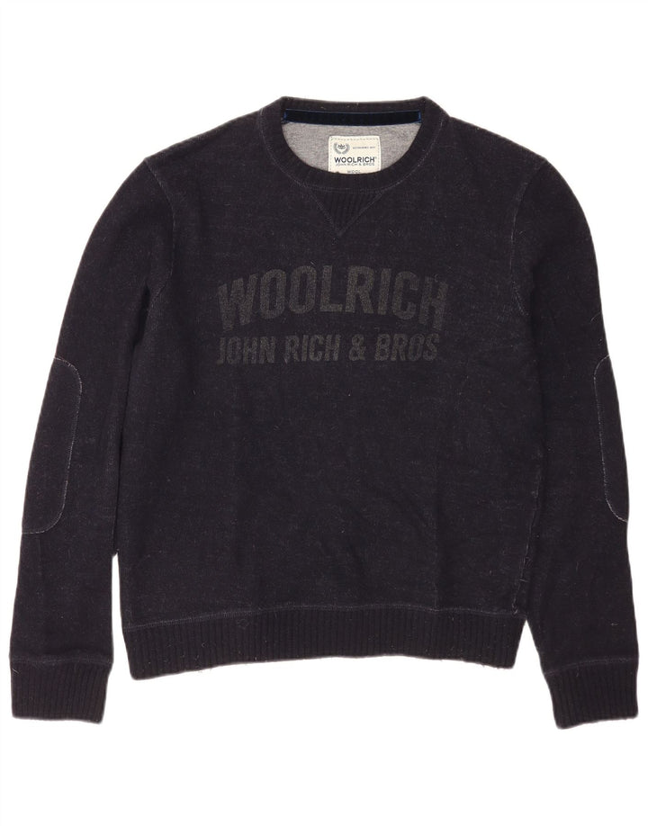Woolrich Mens Graphic Boat Neck Jumper Sweater Medium Navy Blue Wool