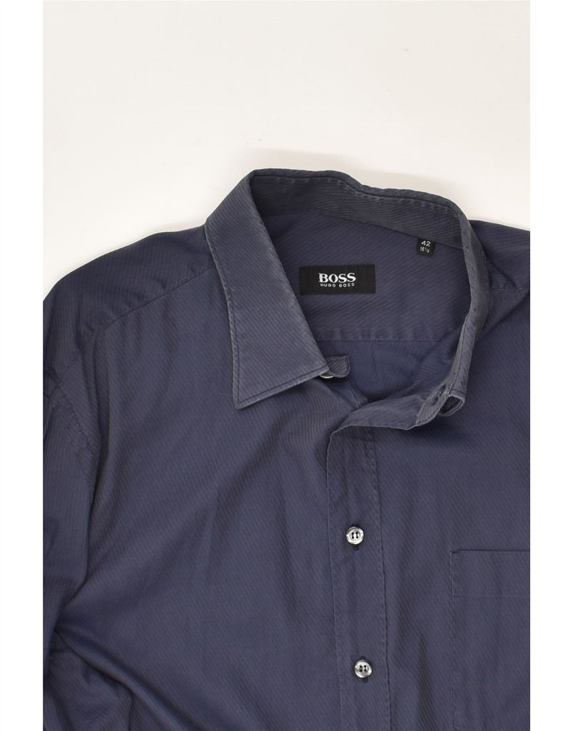 HUGO BOSS Mens Shirt Size 16 1/2 42 Large Navy Blue Cotton | Vintage Hugo Boss | Thrift | Second-Hand Hugo Boss | Used Clothing | Messina Hembry 