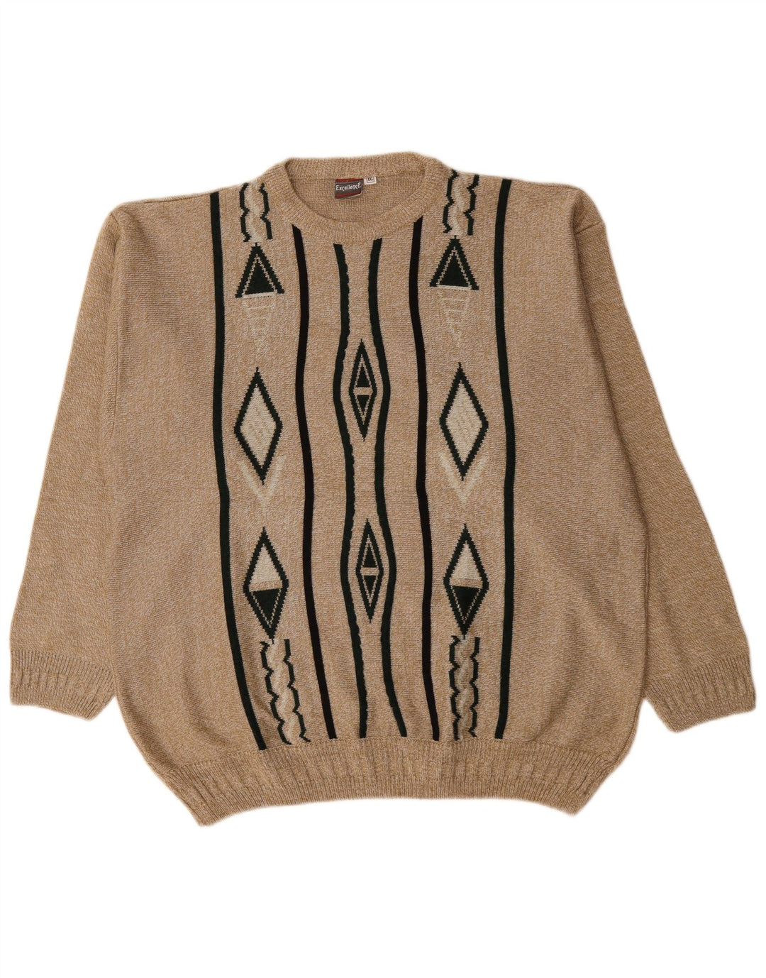 VINTAGE Mens Crew Neck Jumper Sweater 2XL Beige Geometric