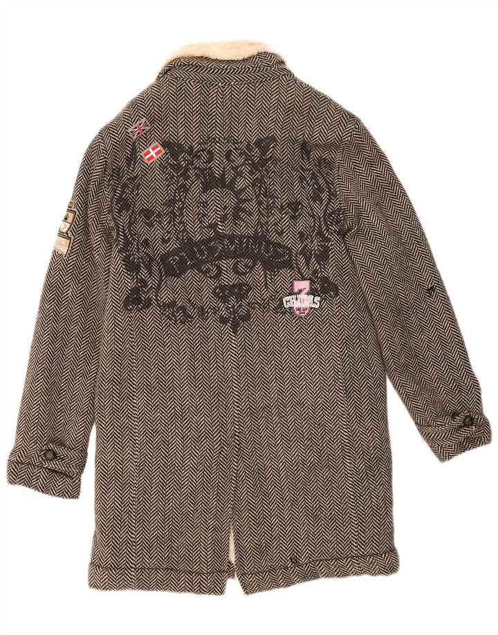 VINTAGE Womens Graphic Sherpa Overcoat UK 16 Large Grey Herringbone