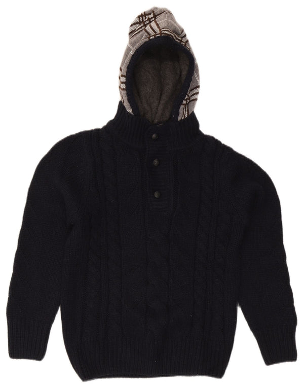 Zara Boys Hooded Button Neck Jumper Sweater 11-12 Years Navy Blue Check