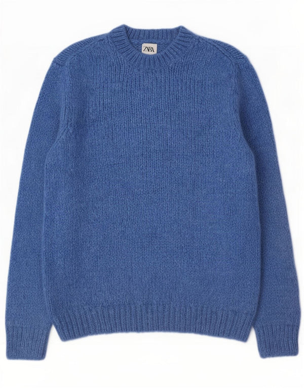 Zara Mens Crew Neck Jumper Sweater Medium Blue Acrylic