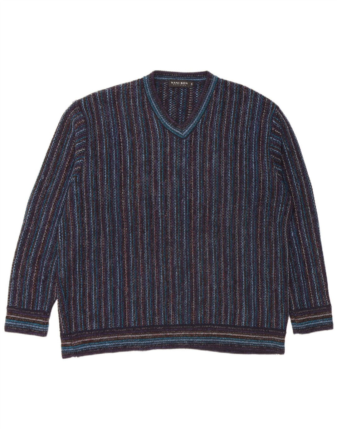NANI BON Mens V-Neck Jumper Sweater IT 54 XL Navy Blue Striped Acrylic