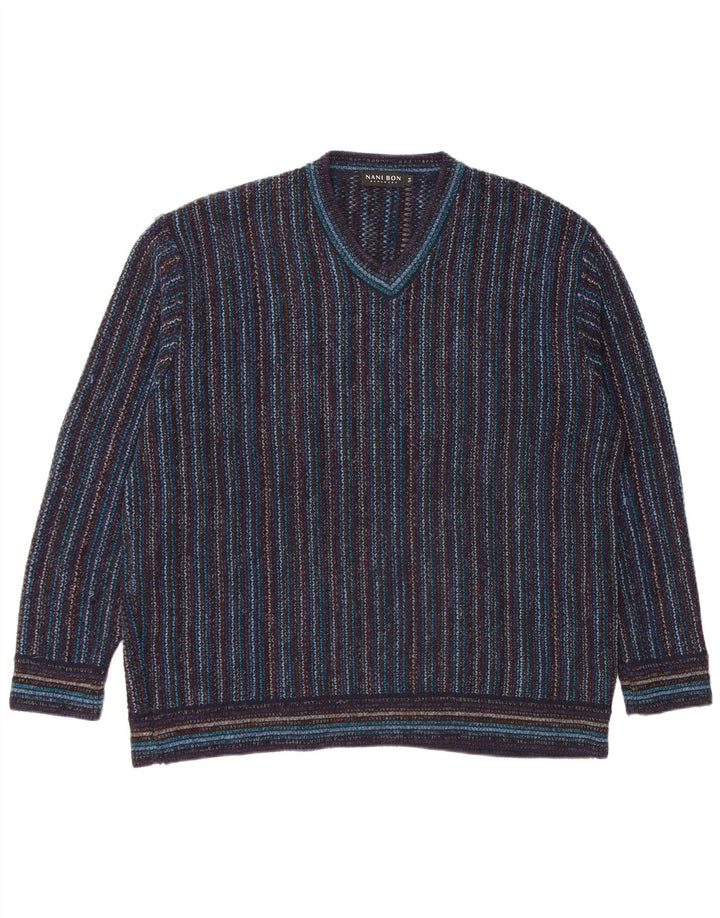 NANI BON Mens V-Neck Jumper Sweater IT 54 XL Navy Blue Striped Acrylic
