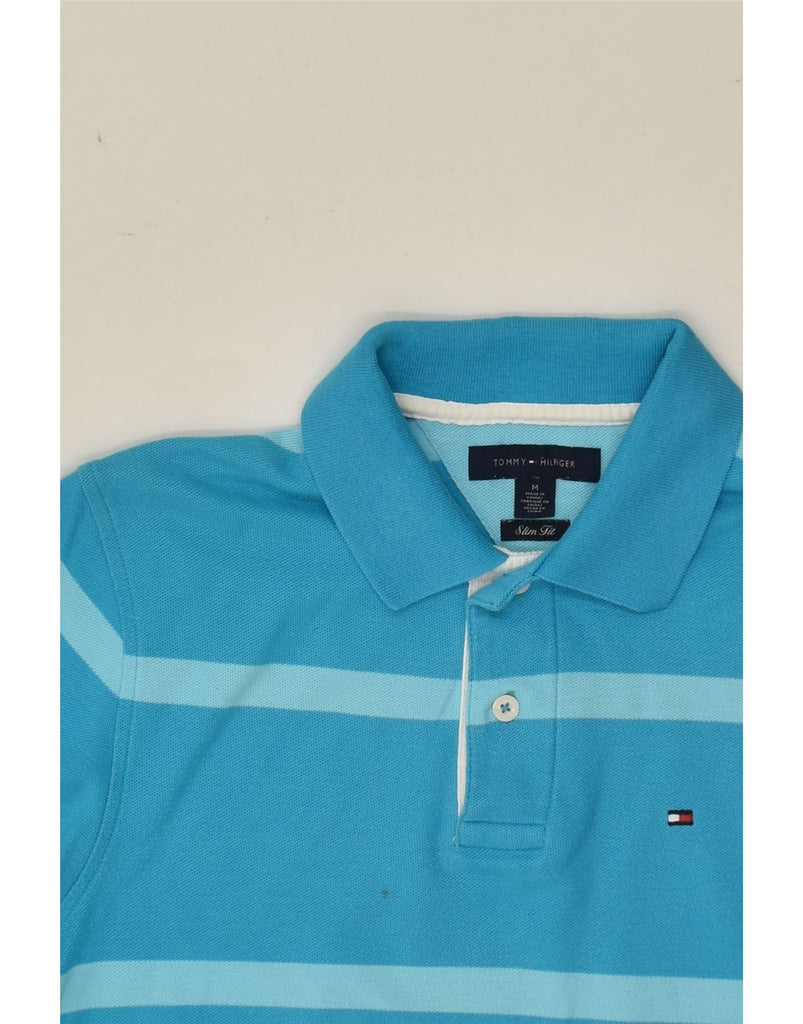 TOMMY HILFIGER Mens Slim Fit Polo Shirt Medium Blue Striped Cotton | Vintage Tommy Hilfiger | Thrift | Second-Hand Tommy Hilfiger | Used Clothing | Messina Hembry 